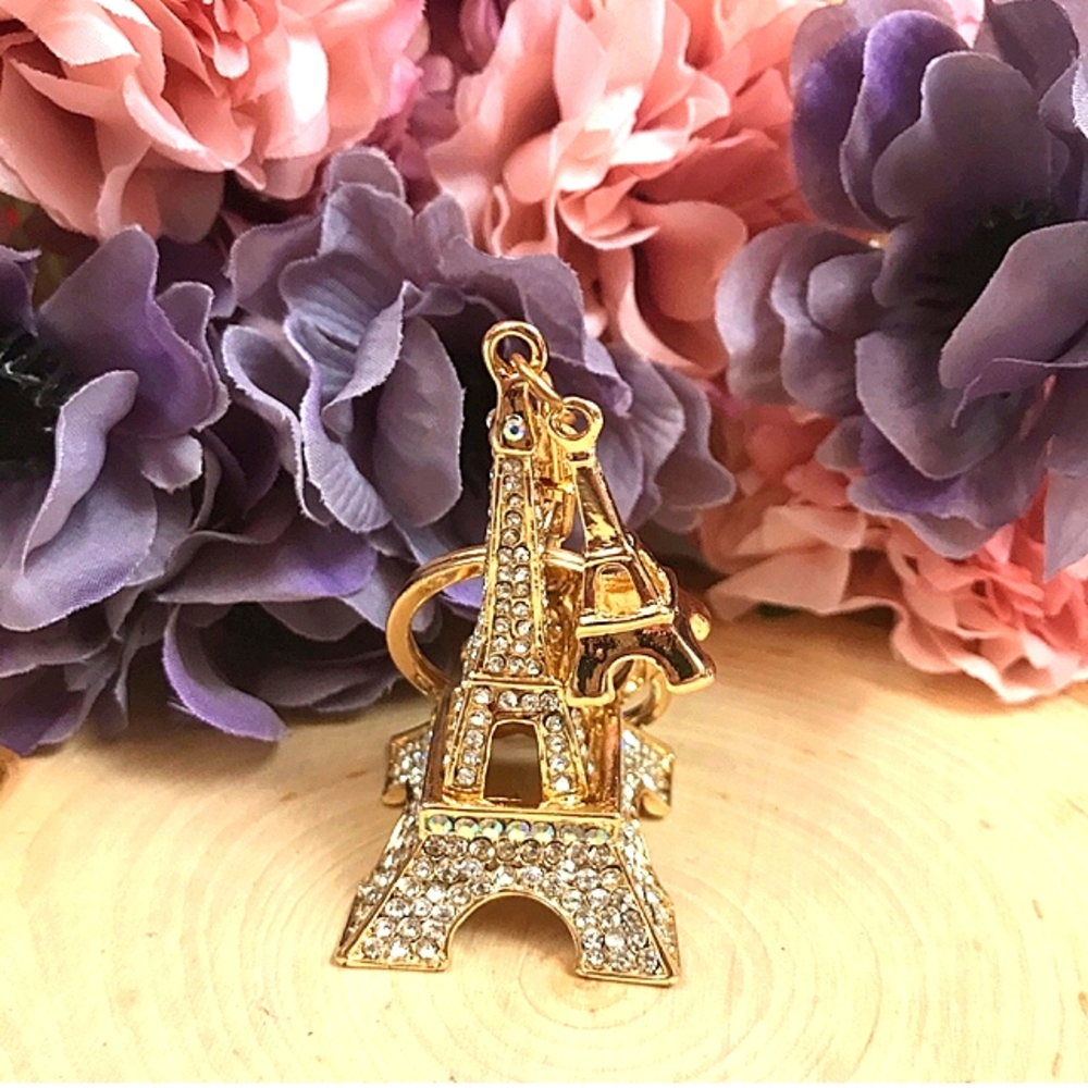 💗bundle 💗RHINESTONE DOUBLE EFFLE TOWER PURSE CHARM OR KEYRING GOLD HARDWARE - Picture 7 of 9